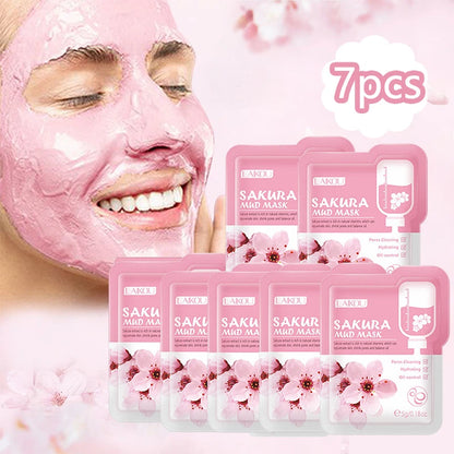 LAIKOU 7 uds Japón Sakura mascarilla facial de barro blanqueador de limpieza hidratante.