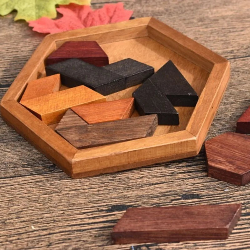 Rompecabezas Hexagonal de madera para niños y adultos, juguetes educativos