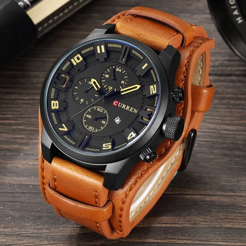 CURREN-reloj con correa de cuero para hombre, cronógrafo de cuarzo