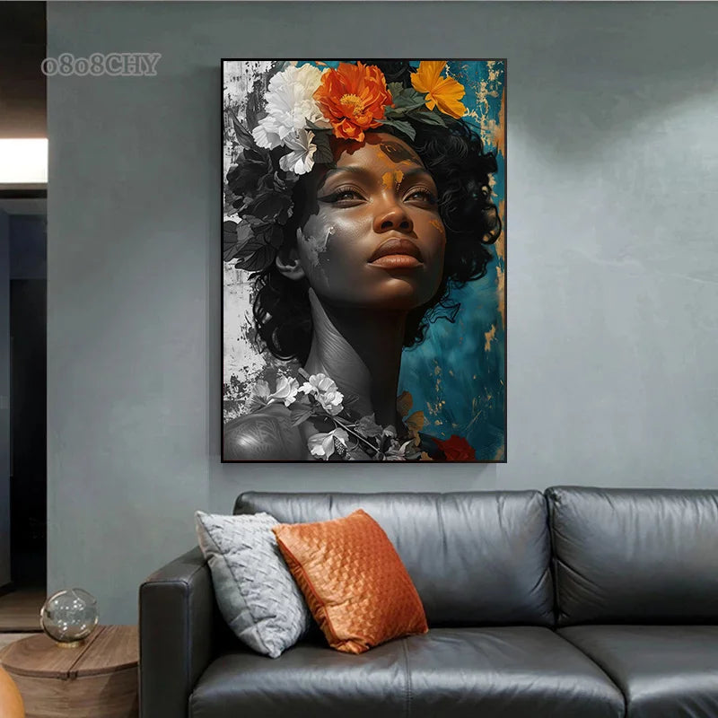 Carteles impresos en lienzo de flores de mujer africana, arte de pared HD, pintura en lienzo