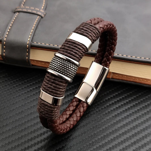 Pulsera de cuero de acero inoxidable para hombre, brazalete multicapa de lujo