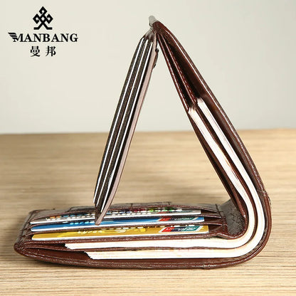 Manbang-cartera de cuero genuino de vaca para hombre, billetera de lujo Original de tres pliegues.