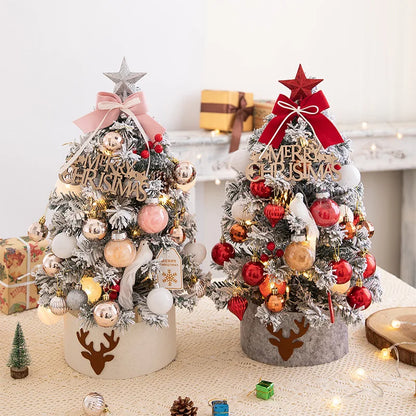 Mini árbol de Navidad con luces, decoración navideña roja y dorada para escritorio.