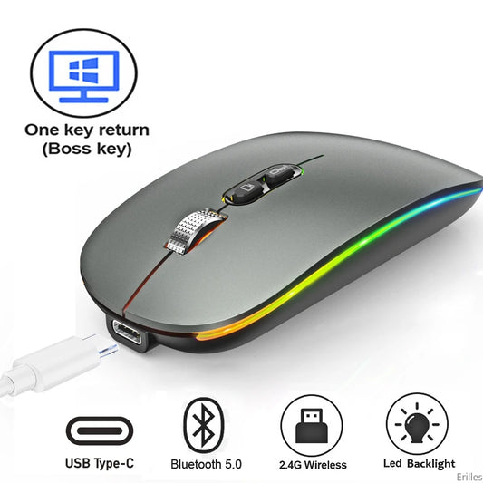 Ratón inalámbrico Bluetooth 2,4G de modo Dual, dispositivo con función de escritorio de un clic, recargable tipo C, con retroiluminación silenciosa para ordenador portátil