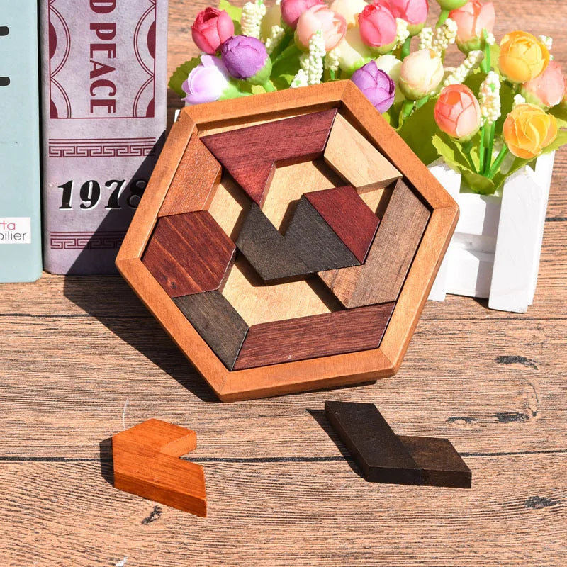 Rompecabezas Hexagonal de madera para niños y adultos, juguetes educativos