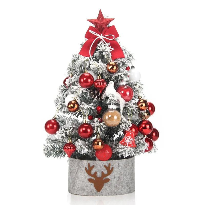 Mini árbol de Navidad con luces, decoración navideña roja y dorada para escritorio.