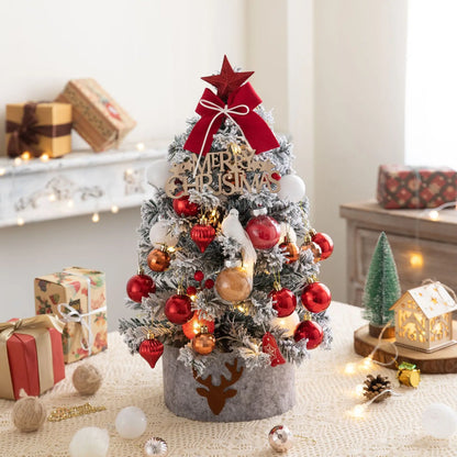 Mini árbol de Navidad con luces, decoración navideña roja y dorada para escritorio.