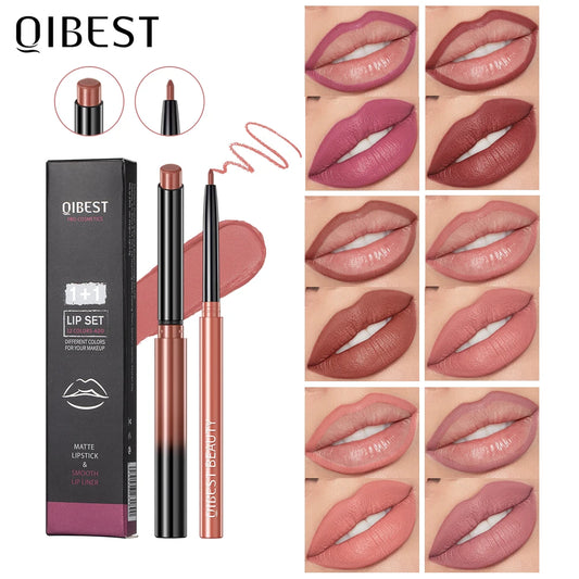 QIBEST-Juego de 2 piezas de lápiz labial, Lápiz Delineador de labios de terciopelo mate