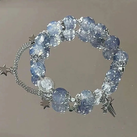 Pulsera con borlas y cadena de estrella para mujer, diseño de nicho, cuentas de cristal azul de fantasía, pulsera de cuerda elástica, regalos de joyería para mejores amigos