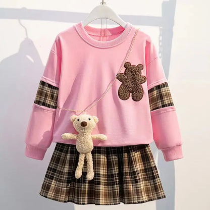 Conjuntos de ropa para niñas de 3 a 14 años, conjunto de sudadera con oso bonito y falda a cuadros, traje de 2 piezas para niñas