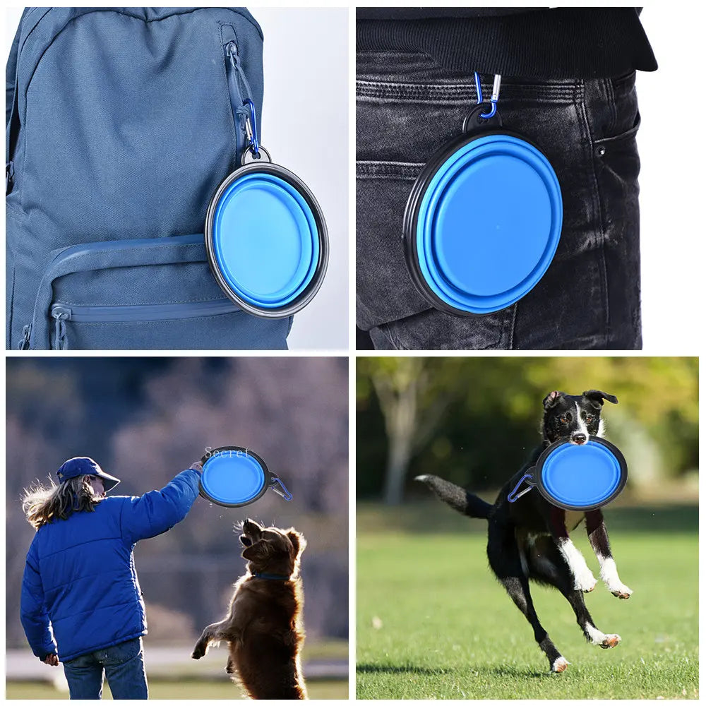 Cuenco de agua y comida de silicona plegable para mascotas, suministros portátiles de viaje para acampar al aire libre, platos con mosquetón